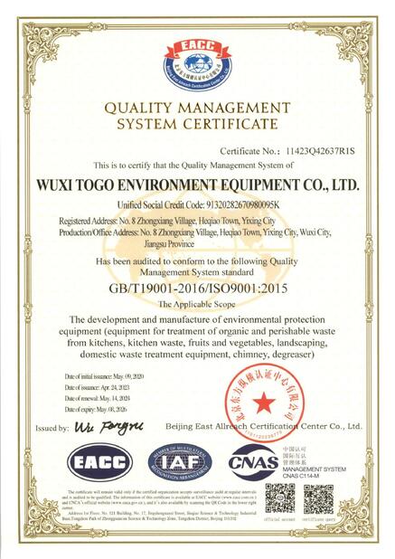 CHINA WuXi TOGO Environment Equipment Co., Ltd. Certificações