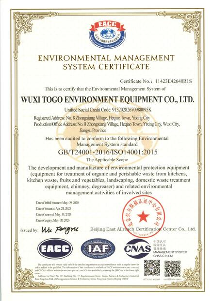 CHINA WuXi TOGO Environment Equipment Co., Ltd. Certificações